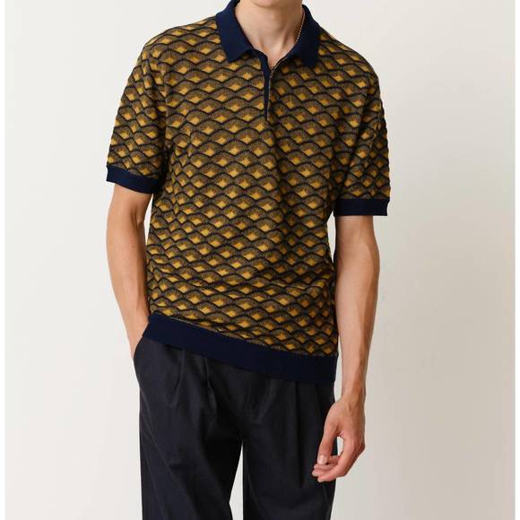 Wax London Sanza Knit Polo 100% Soft Lambs Merino Wool in sun navy/caramel color